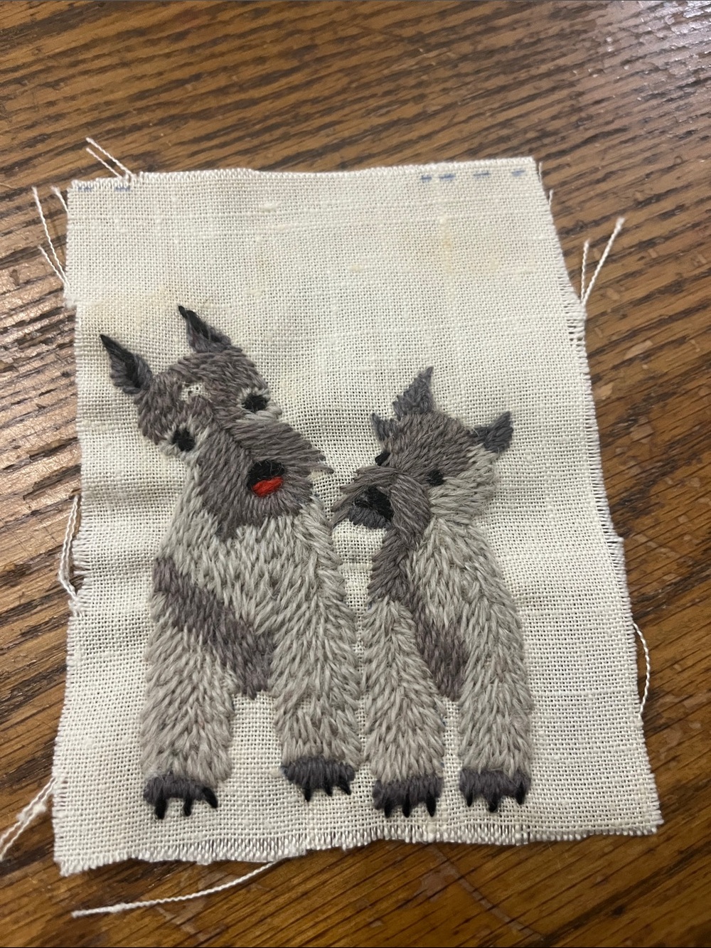 Hand-Embroidered Scottish Terriers Wall Art - Gray Schnauzer Pair